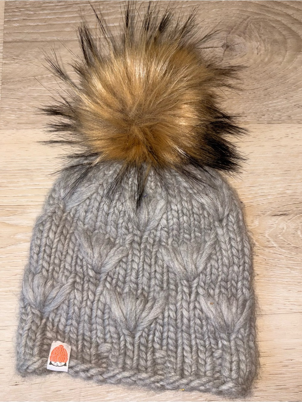 Shxt That I Knit STIK Fleur Beanie 100% Merino Wool Gray Faux Fur Pom Hat